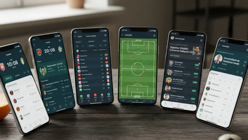Mão segura smartphone exibindo interface de aplicativo de futebol em tempo real, com placar e estatísticas de jogo.
