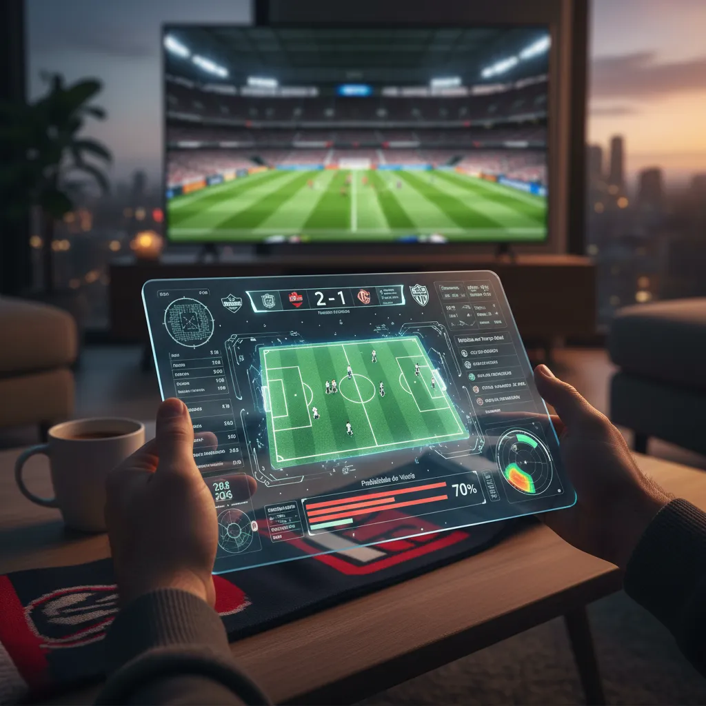 Smartphone exibindo um app de futebol com placar ao vivo e notícias, ideal para acompanhar jogos em tempo real.