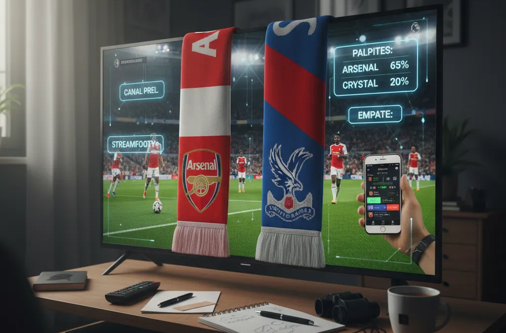 Jogadores do Arsenal e Crystal Palace em ação intensa, disputando a bola em campo de futebol.