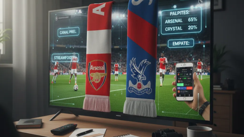 Jogadores do Arsenal e Crystal Palace em ação intensa, disputando a bola em campo de futebol.