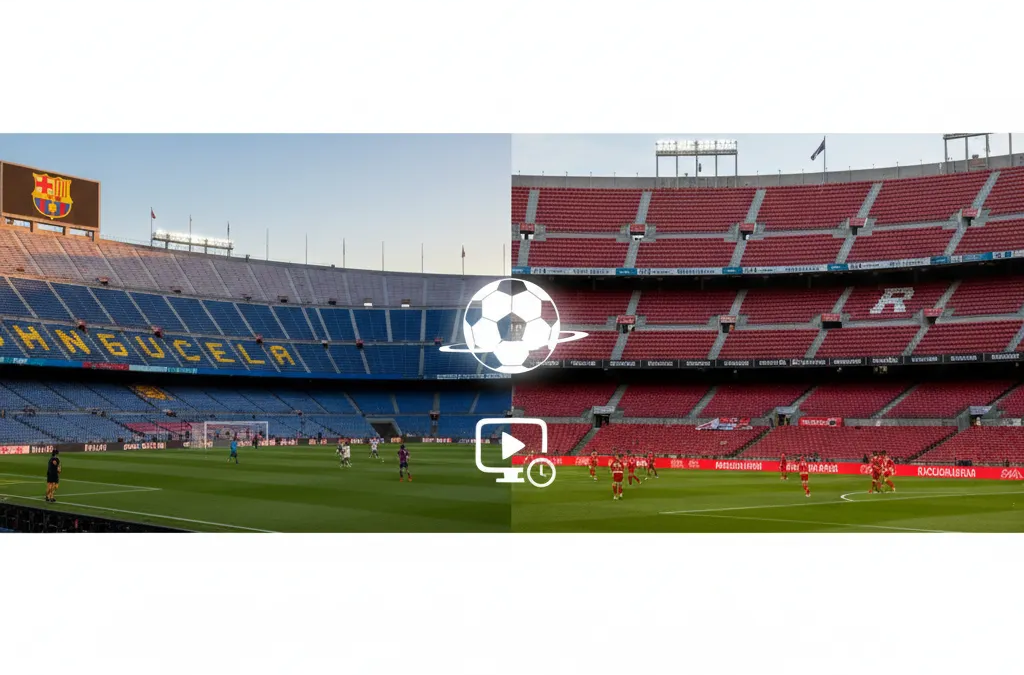 Escudos do Barcelona e Osasuna lado a lado, com bola de futebol e o logo da LaLiga, simbolizando o confronto.