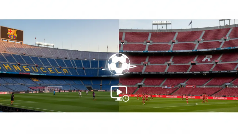 Escudos do Barcelona e Osasuna lado a lado, com bola de futebol e o logo da LaLiga, simbolizando o confronto.