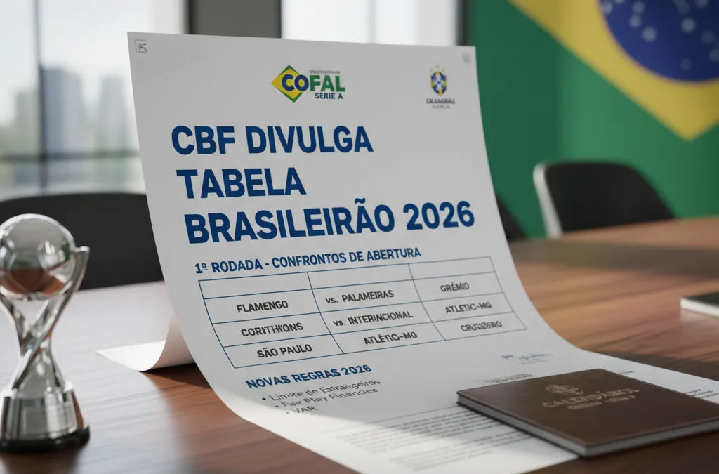 Gráfico digital da tabela Brasileirão 2026 com o logo oficial da CBF e um campo de futebol ao fundo.