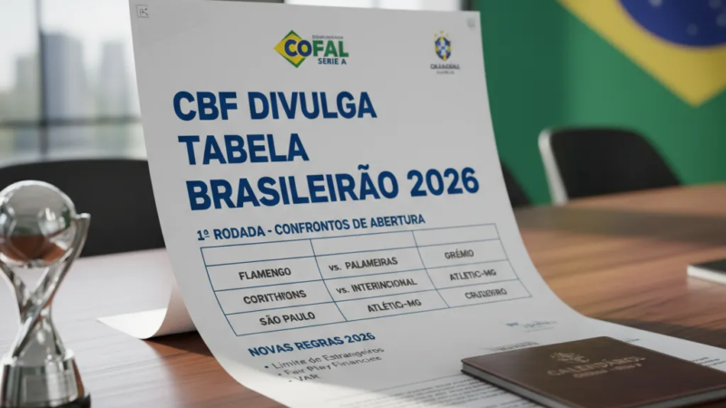Gráfico digital da tabela Brasileirão 2026 com o logo oficial da CBF e um campo de futebol ao fundo.