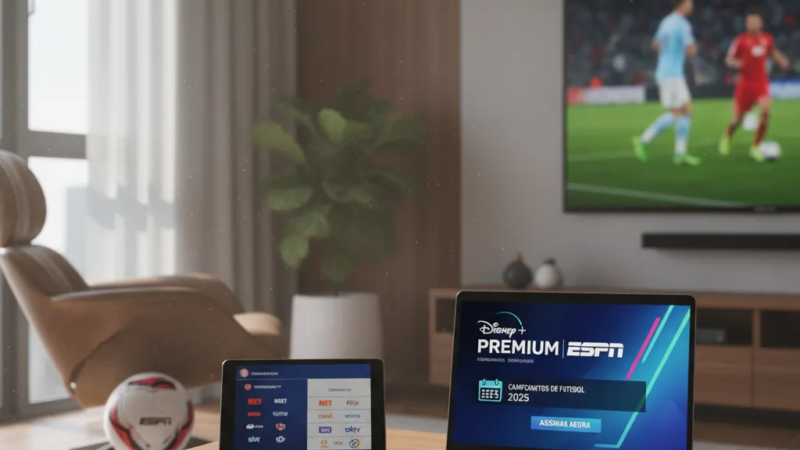 Tela de TV exibindo jogo de futebol ao vivo com logo ESPN, e mão segurando controle remoto. Ideal para assinar ESPN.