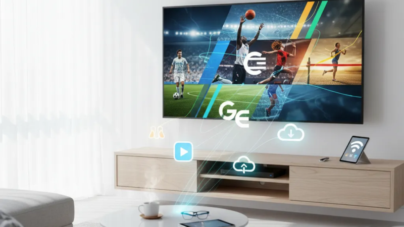 Tela de televisão exibindo o logo da GE TV e opções de navegação, com um controle remoto em primeiro plano.