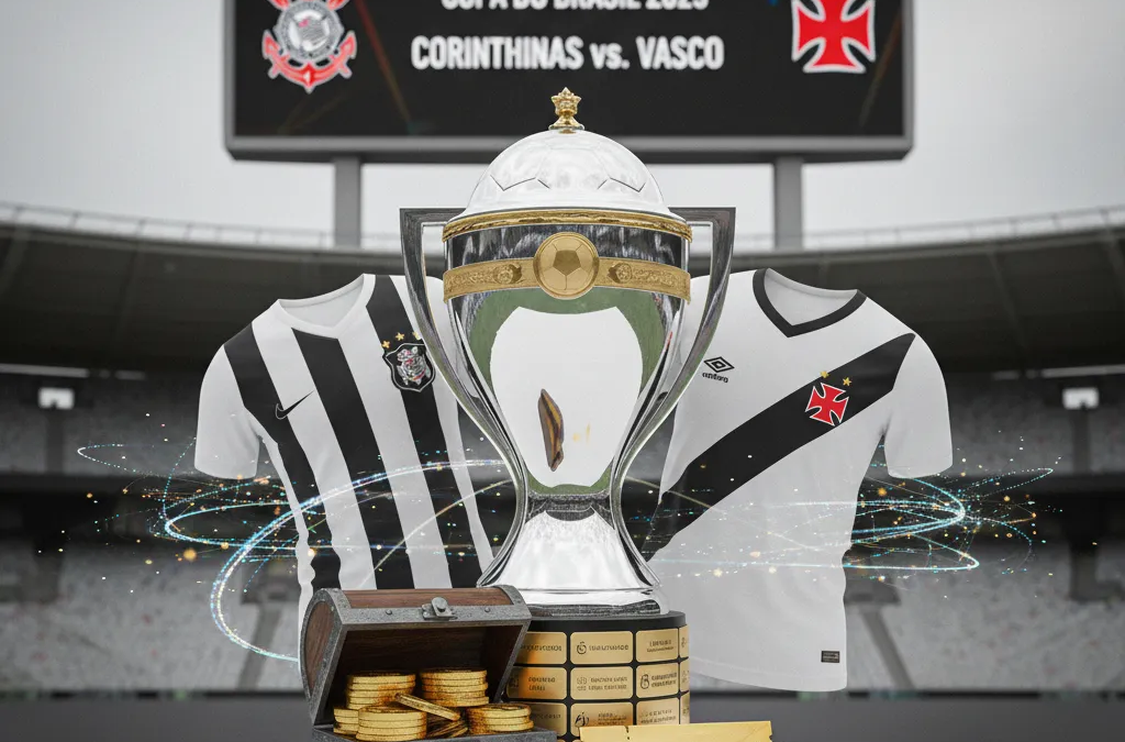 Troféu da Copa do Brasil brilhando sob os holofotes, aguardando o campeão da Copa do Brasil 2025.