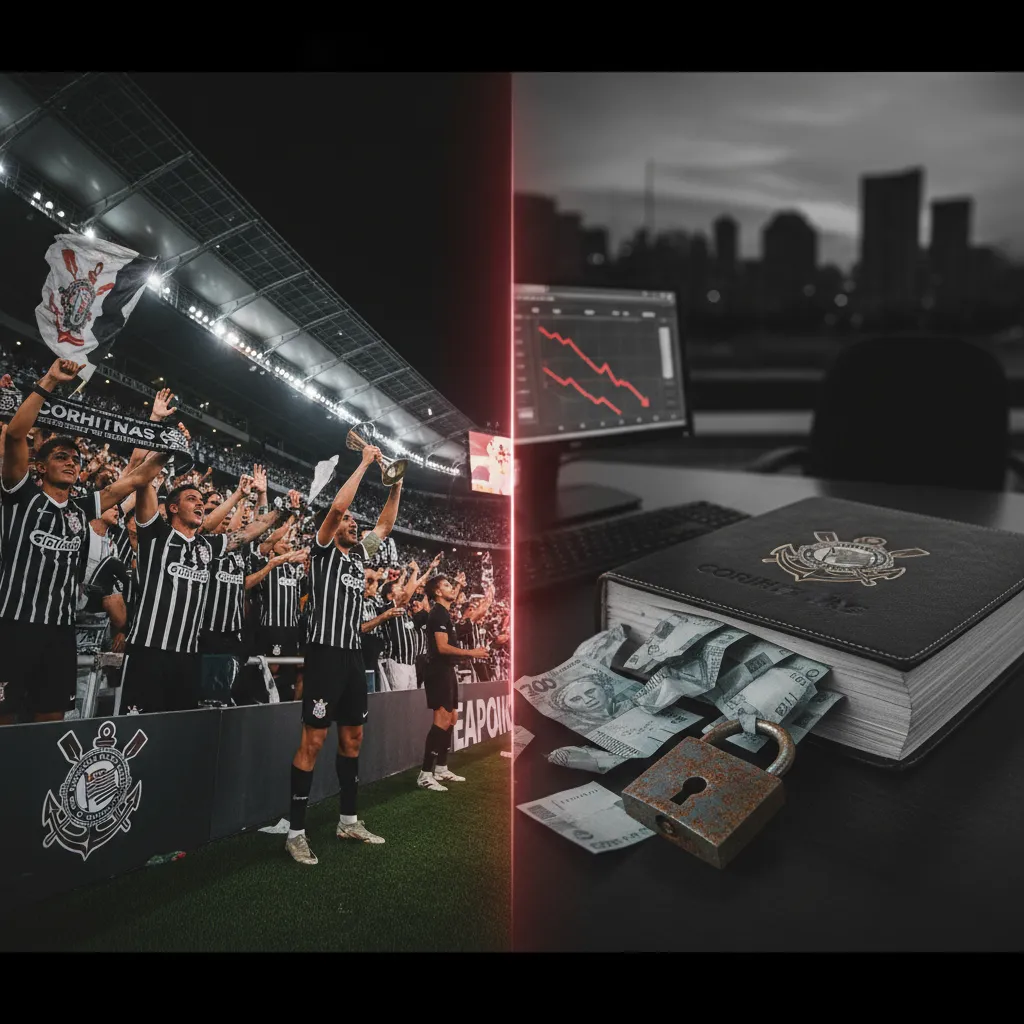 Jogador do Corinthians em campo, celebrando uma vitória no futebol. A imagem reflete o auge esportivo do clube.