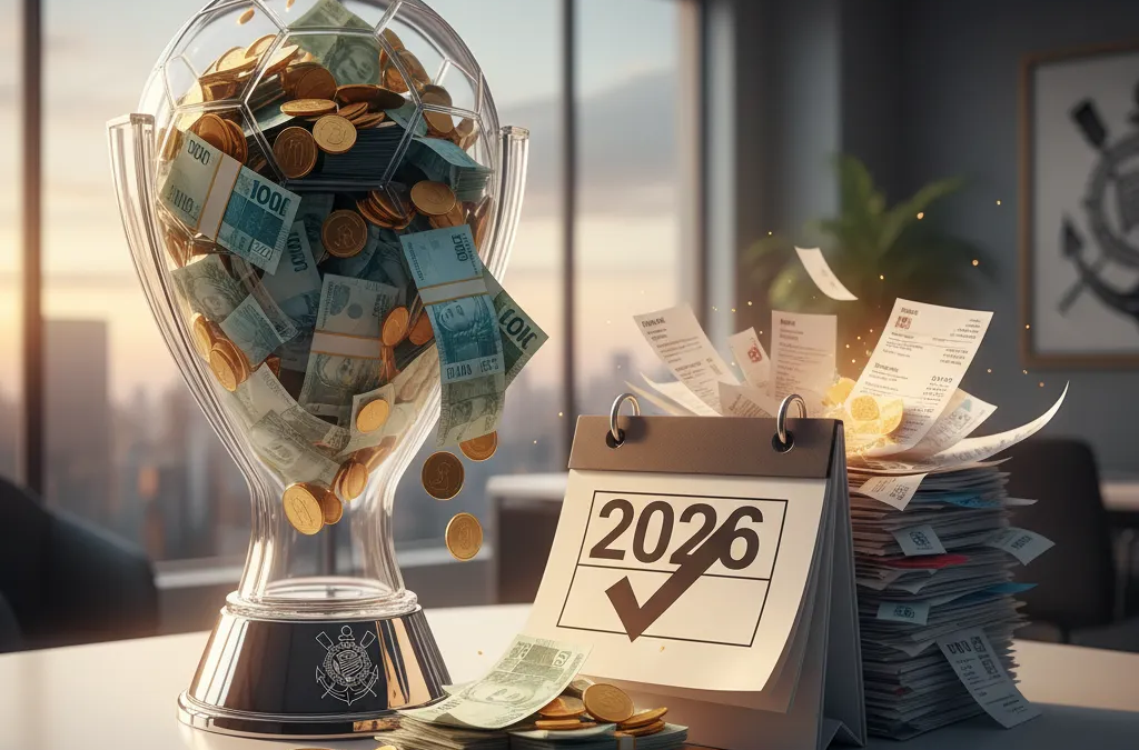 Jogadores do Corinthians, campeões da Copa do Brasil, erguem a taça em campo, celebrando a vitória e a premiação.