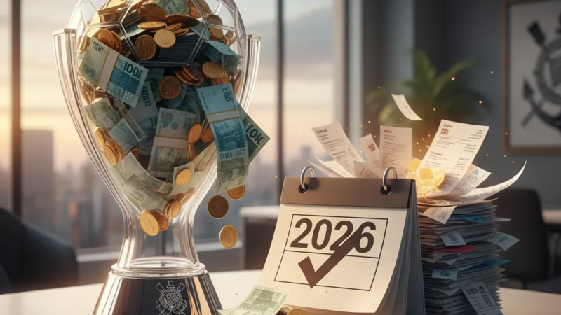 Jogadores do Corinthians, campeões da Copa do Brasil, erguem a taça em campo, celebrando a vitória e a premiação.