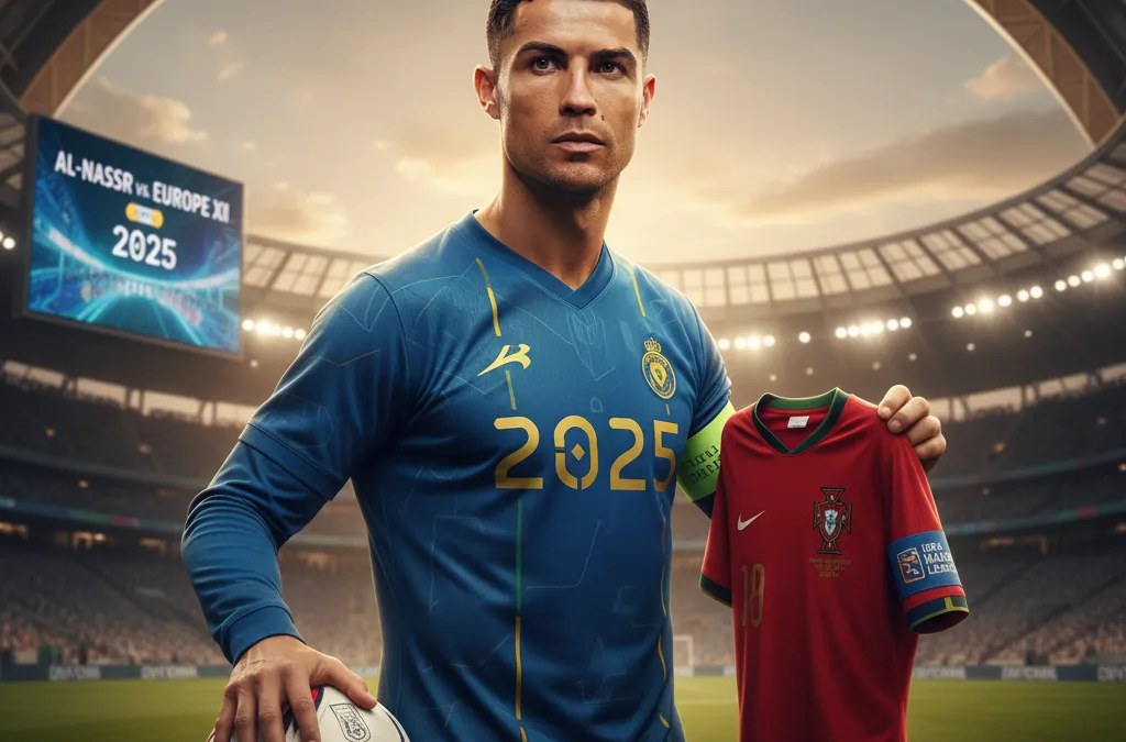 Cristiano Ronaldo em ação com a camisa do Al-Nassr, driblando a bola em campo com foco.