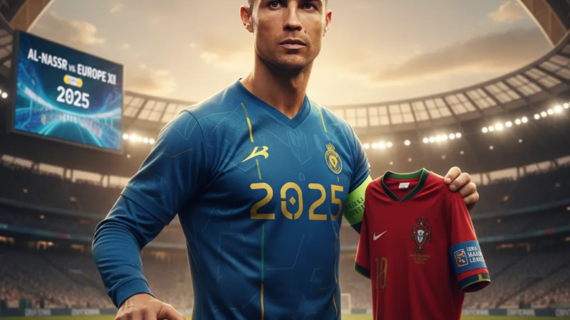 Cristiano Ronaldo em ação com a camisa do Al-Nassr, driblando a bola em campo com foco.