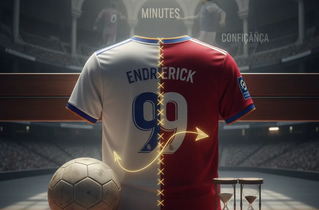 Endrick, futuro reforço do Lyon, em campo de futebol, correndo com a bola durante um jogo.