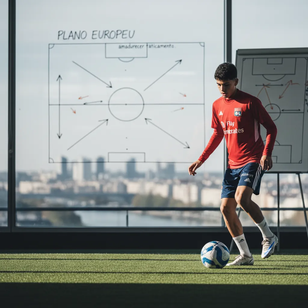 Endrick, atacante brasileiro, vestindo a camisa do Lyon em campo, focado no seu empréstimo e plano europeu.