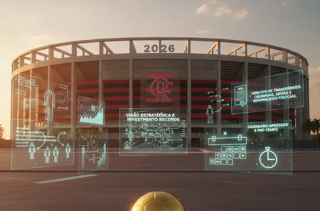 Jogador do Flamengo em campo, uniforme rubro-negro, correndo com a bola. Foco no planejamento para Flamengo 2026.