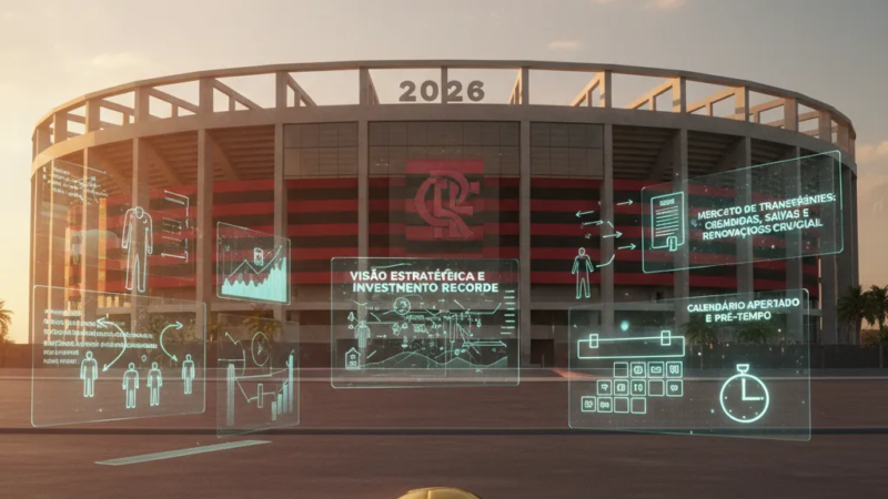 Jogador do Flamengo em campo, uniforme rubro-negro, correndo com a bola. Foco no planejamento para Flamengo 2026.