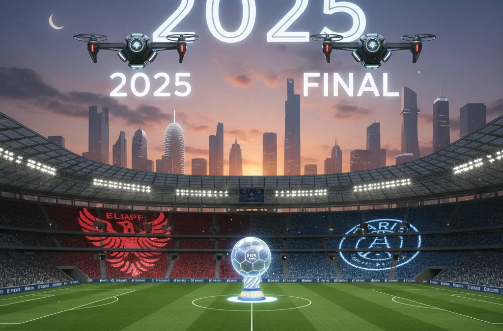 Escudos do Flamengo e PSG em destaque, com fundo de campo de futebol, representando o aguardado confronto.