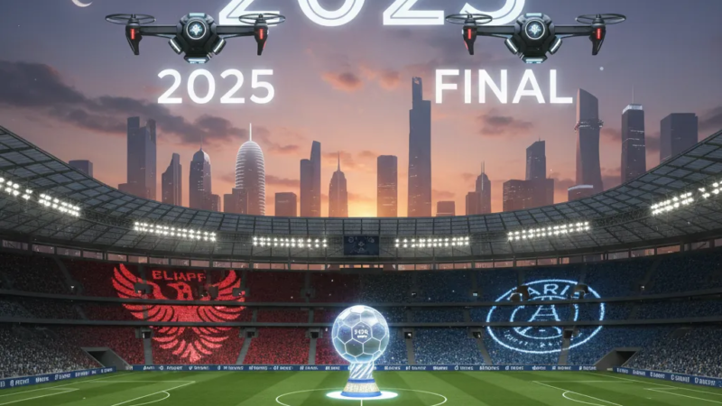 Escudos do Flamengo e PSG em destaque, com fundo de campo de futebol, representando o aguardado confronto.