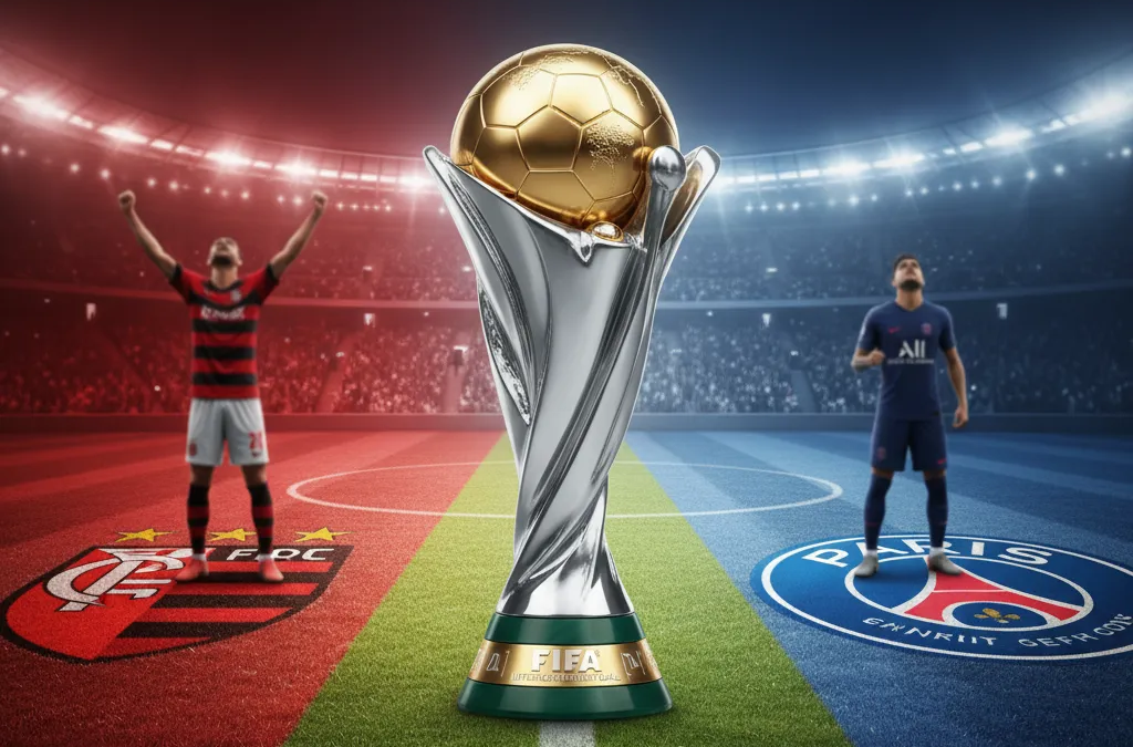 Jogadores do Flamengo celebram vitória em campo, comemorando a classificação para a final contra o PSG.