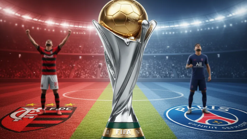 Jogadores do Flamengo celebram vitória em campo, comemorando a classificação para a final contra o PSG.