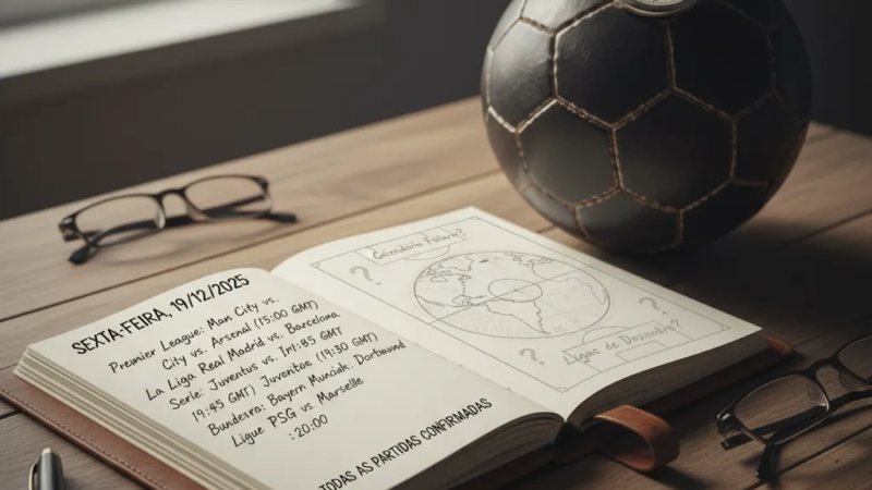 Chuteira de jogador acerta bola de futebol em campo verde, simbolizando a programação de futebol em 19/12.