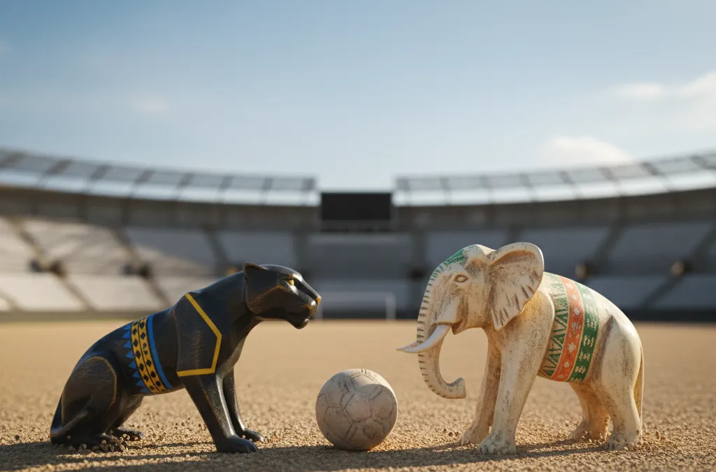 Dois jogadores de futebol, um de Gabão e outro de Costa do Marfim, disputando a bola em campo verde.