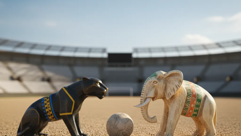 Dois jogadores de futebol, um de Gabão e outro de Costa do Marfim, disputando a bola em campo verde.