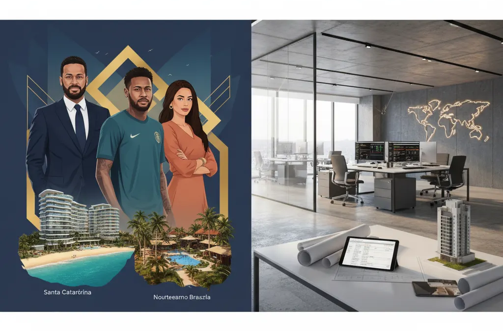 Neymar Jr. em destaque, com edifícios modernos ao fundo, representando os empreendimentos da família no Brasil.