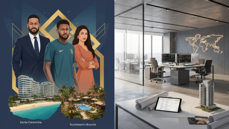 Neymar Jr. em destaque, com edifícios modernos ao fundo, representando os empreendimentos da família no Brasil.