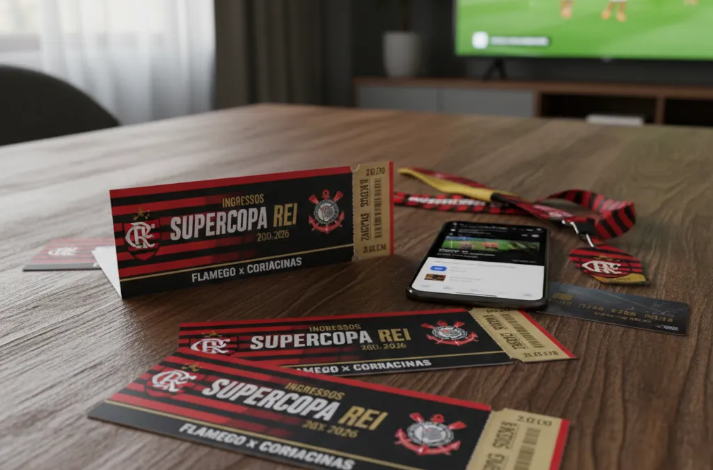 Tela de celular exibindo um ingresso digital para o jogo Flamengo x Corinthians, com o Maracanã ao fundo.