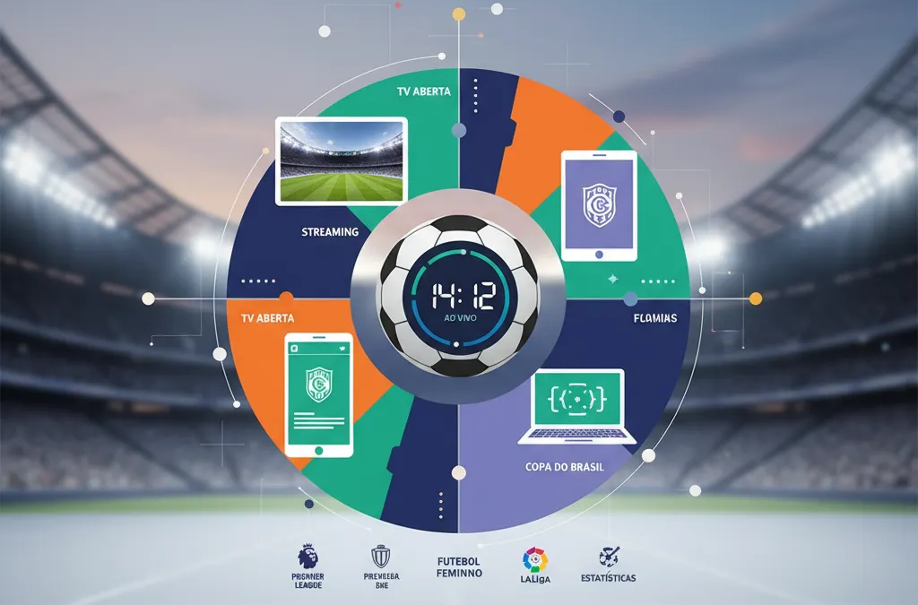 Campo de futebol iluminado com jogadores em ação durante uma partida noturna, com a bola no centro.