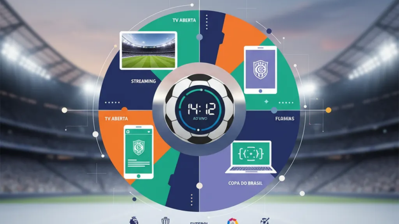 Campo de futebol iluminado com jogadores em ação durante uma partida noturna, com a bola no centro.