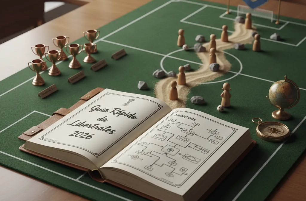 Taça CONMEBOL Libertadores dourada e detalhada, brilhando sob holofotes em estádio de futebol. Símbolo da glória da Libertadores 2026.