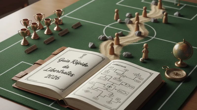 Taça CONMEBOL Libertadores dourada e detalhada, brilhando sob holofotes em estádio de futebol. Símbolo da glória da Libertadores 2026.