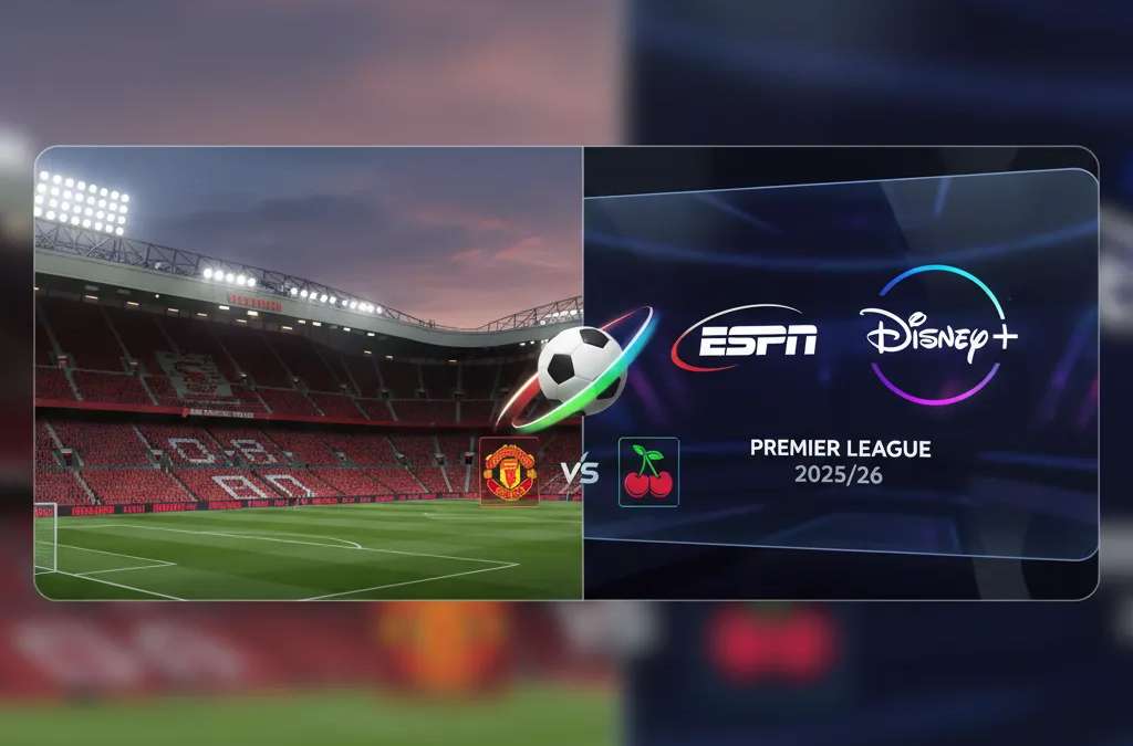 Logos de canais de TV e informações sobre a transmissão do jogo Manchester United vs Bournemouth.
