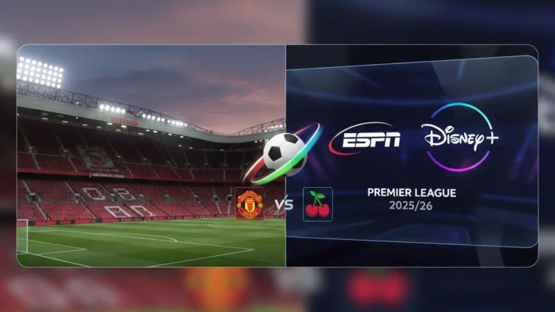 Logos de canais de TV e informações sobre a transmissão do jogo Manchester United vs Bournemouth.