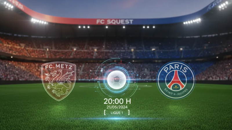 Imagem de destaque do confronto entre Metz e PSG pela Ligue 1, com jogadores em ação no gramado.