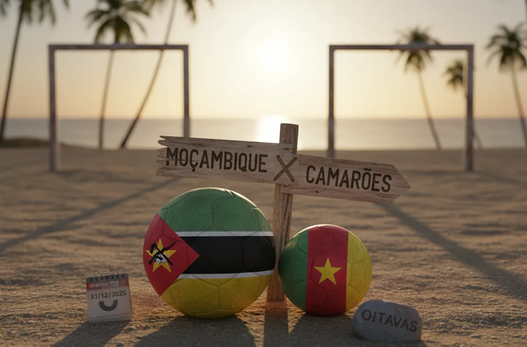 Jogador de Moçambique com a bola, enfrentando um adversário de Camarões em campo durante a CAN 2025.