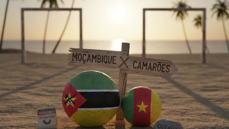 Jogador de Moçambique com a bola, enfrentando um adversário de Camarões em campo durante a CAN 2025.