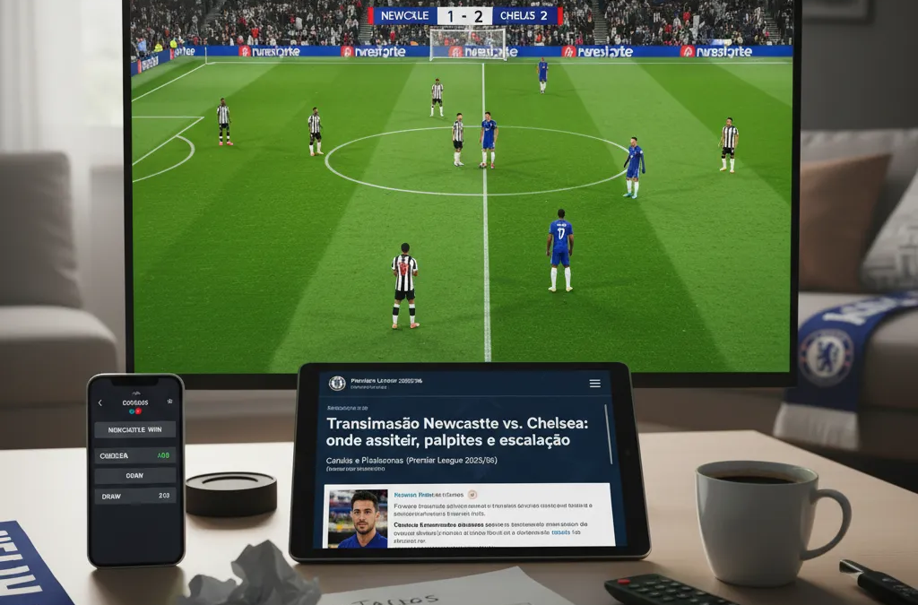 Jogadores do Newcastle e Chelsea em ação no gramado, disputando a bola em partida da Premier League.