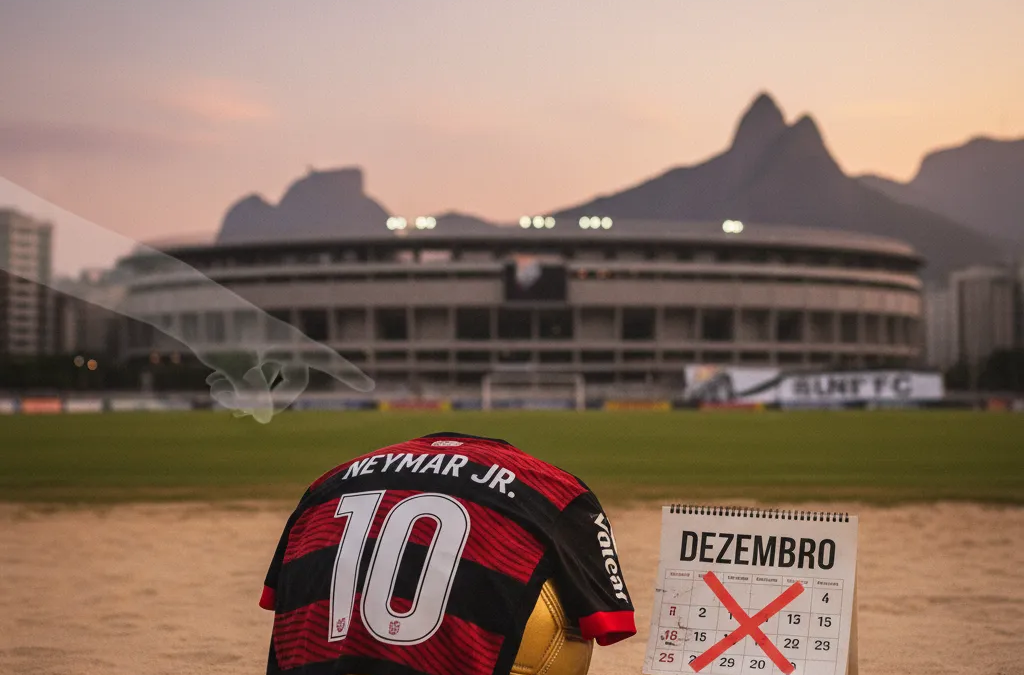 Neymar em campo, com uniforme de futebol, driblando a bola com foco. A possível chegada de Neymar no Flamengo gera debate.