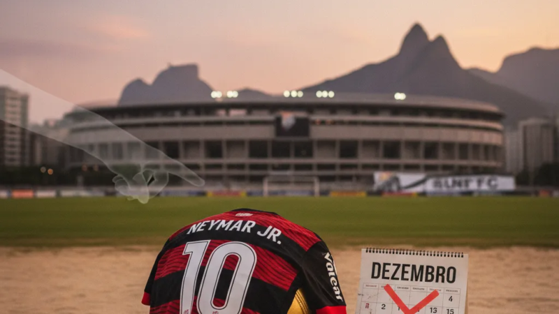 Neymar em campo, com uniforme de futebol, driblando a bola com foco. A possível chegada de Neymar no Flamengo gera debate.