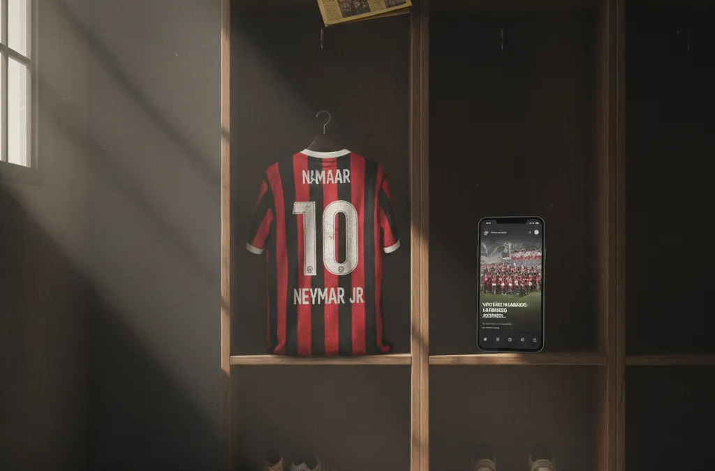 Neymar Jr. em campo, com uniforme de jogo e expressão séria. O craque brasileiro, protagonista da pauta Neymar Flamengo.