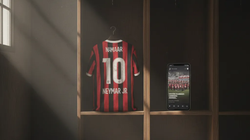 Neymar Jr. em campo, com uniforme de jogo e expressão séria. O craque brasileiro, protagonista da pauta Neymar Flamengo.