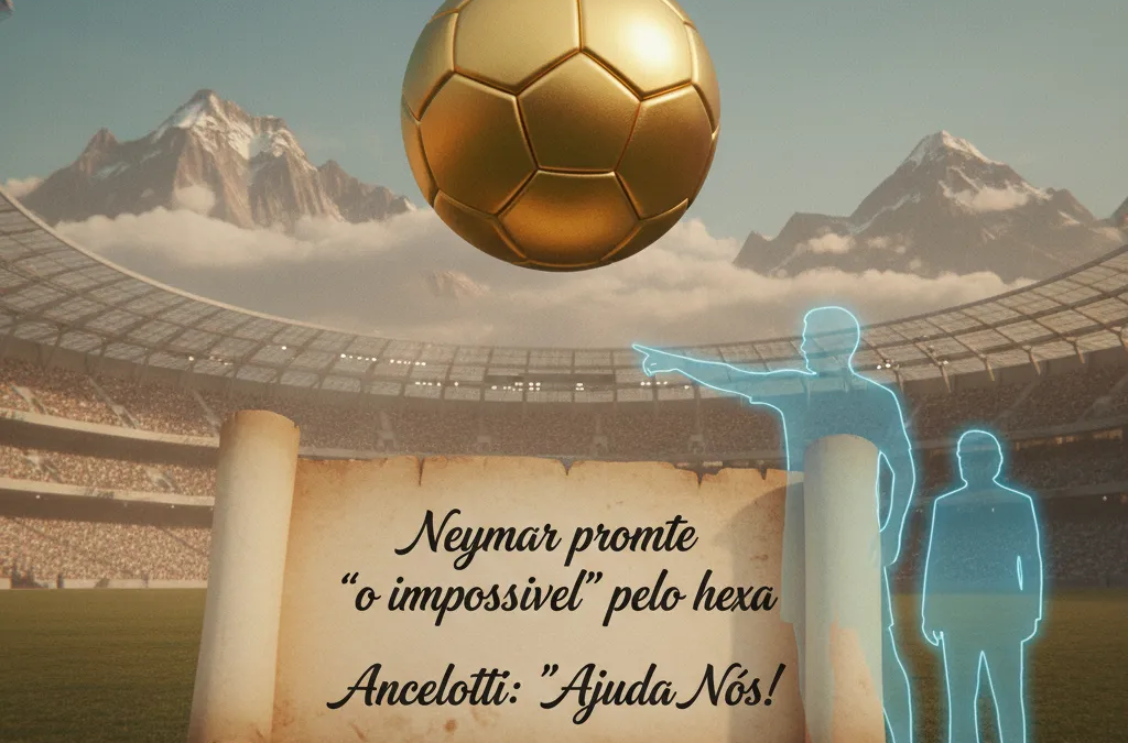 Neymar com a camisa da Seleção Brasileira em campo, olhar focado e determinado, simbolizando a busca pelo Hexa 2026.