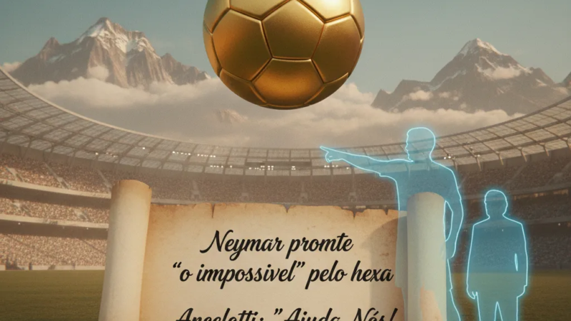 Neymar com a camisa da Seleção Brasileira em campo, olhar focado e determinado, simbolizando a busca pelo Hexa 2026.