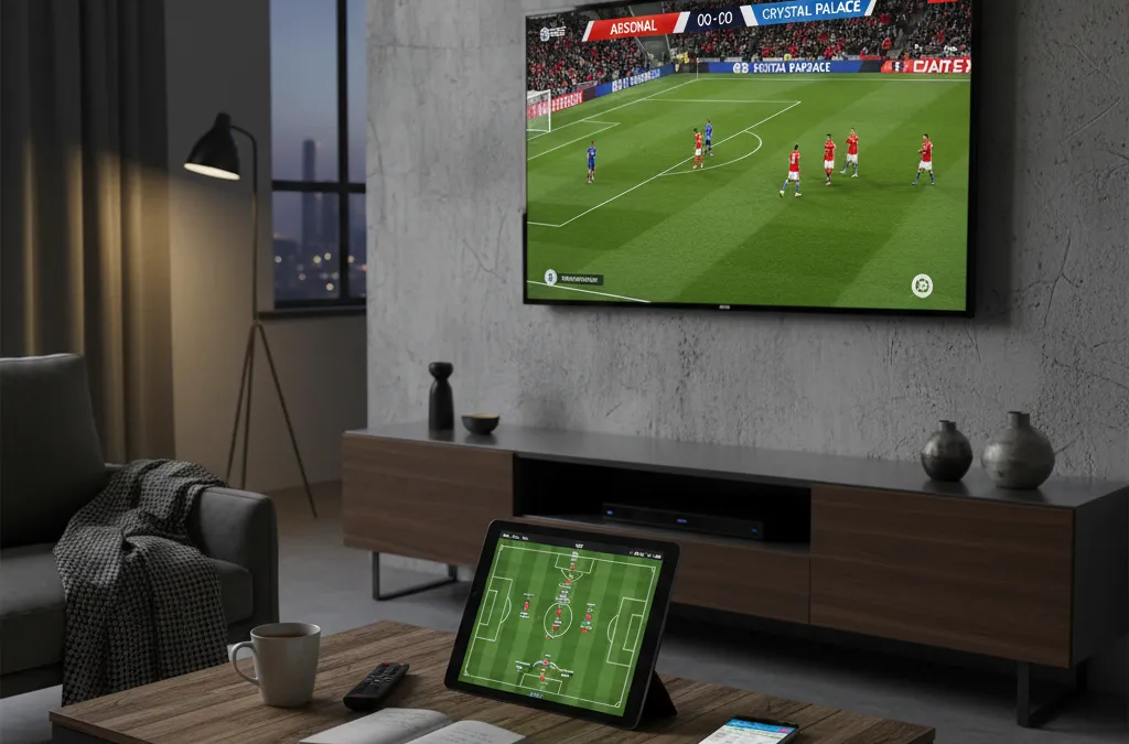 Jogadores do Arsenal e Crystal Palace em campo, disputando a posse de bola em um lance acirrado.