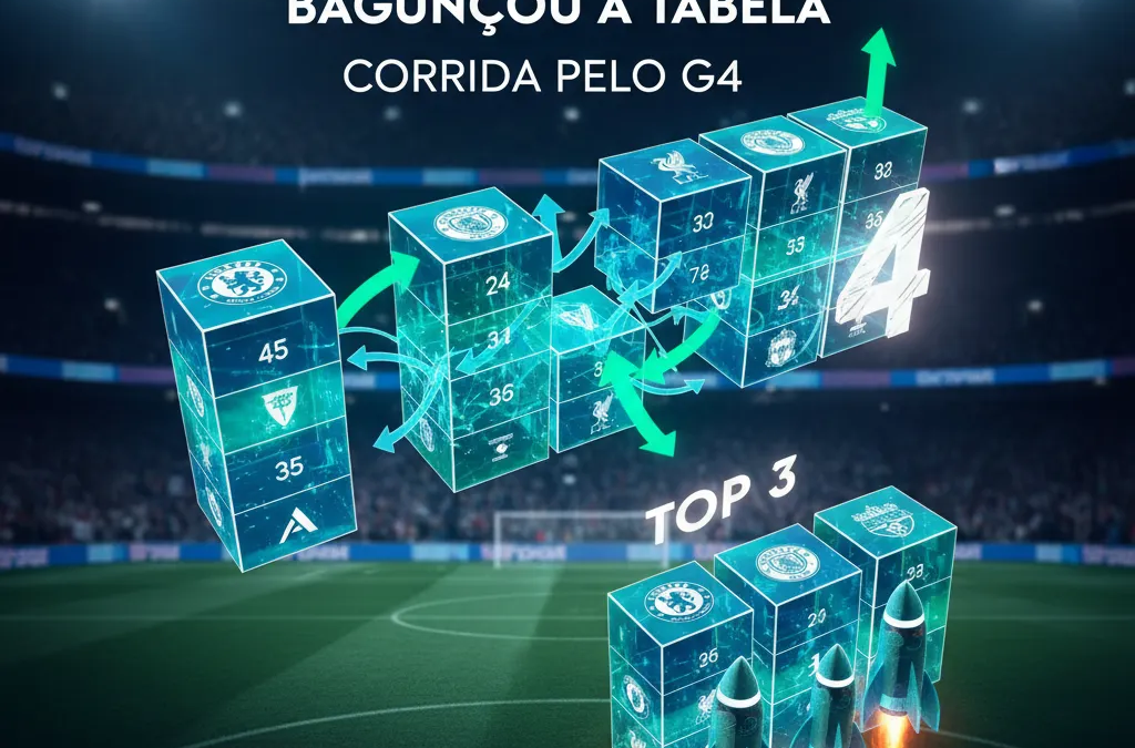 Jogadores da Premier League em ação intensa durante uma partida, com a bola em disputa, simbolizando os resultados surpreendentes da rodada.