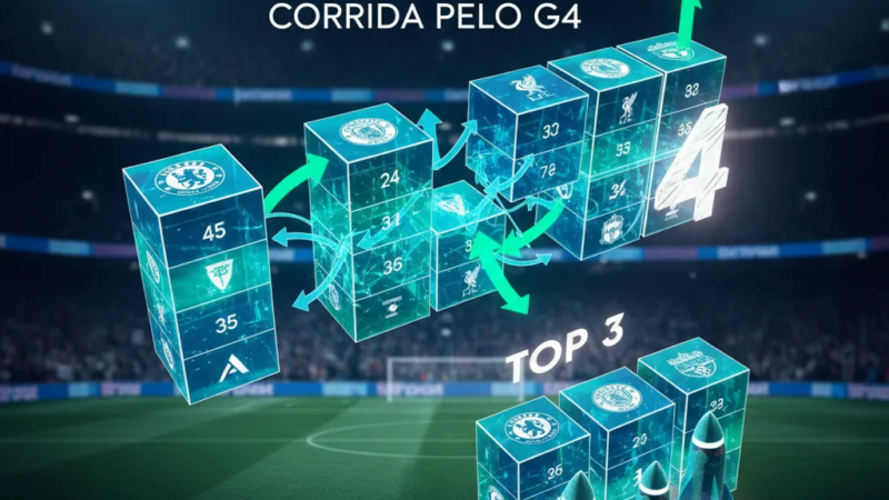 Jogadores da Premier League em ação intensa durante uma partida, com a bola em disputa, simbolizando os resultados surpreendentes da rodada.