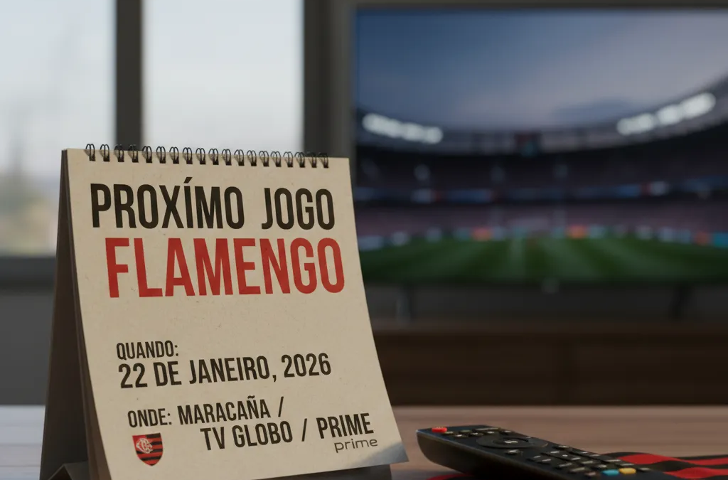 Jogador do Flamengo em campo, com a camisa rubro-negra e bola, em um lance de ataque. Proximo jogo Flamengo.